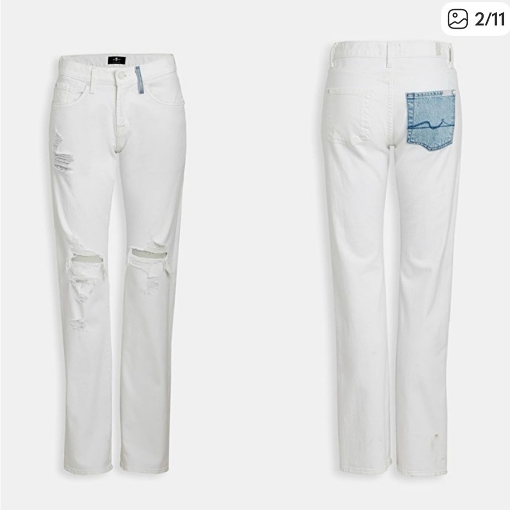 NWT 7 For All Mankind Low Straight Distressed White Jeans Blue Patch Pocket 27 - Picture 2 of 12